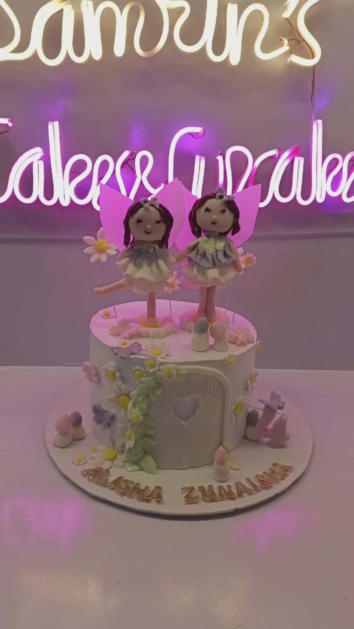 twin girls birthday cake fairy garden theme pestle color scheme