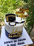 customized hajj mubarak cake with black buttercream acrylic toppers